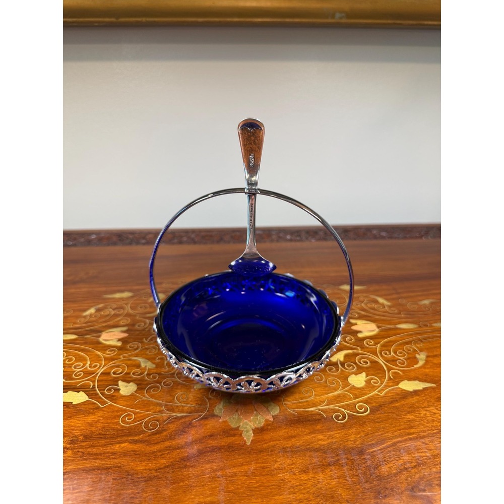 Vintage Cobalt Blue Jam Dish with Silver Plate Holder & Spoon - Picture 10 of 17